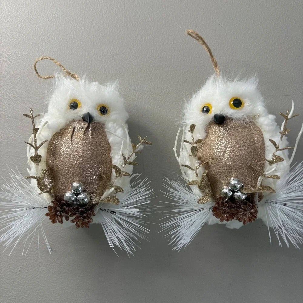 Set of 2 White Faux Fur Owl Christmas Ornaments Rose Gold Glitter Accents 5